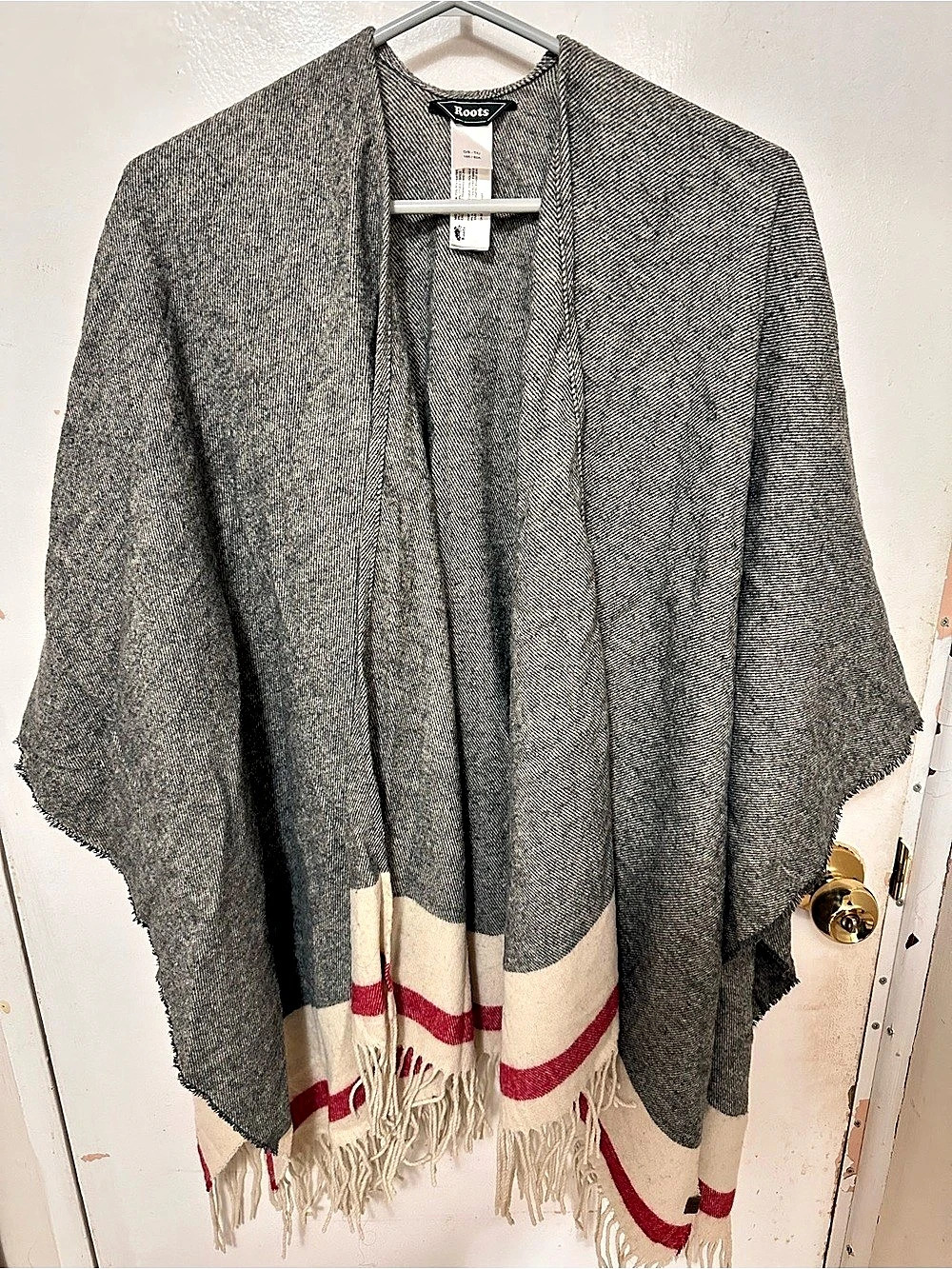 Roots Striped Fringe Poncho in Grey & Red